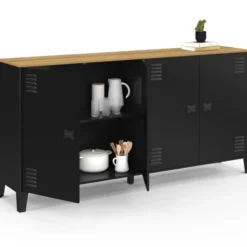Buffet 160cm ESTER 4 portes en métal noir plateau bois design industriel