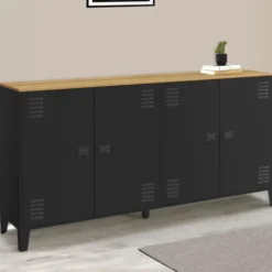 Buffet 160cm ESTER 4 portes en métal noir plateau bois design industriel
