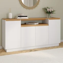 Buffet 160 cm 4 portes avec niche centrale blanc et plateau effet bois