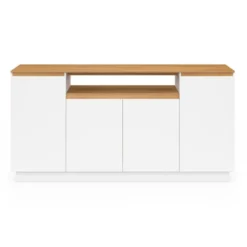 Buffet 160 cm 4 portes avec niche centrale blanc et plateau effet bois