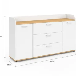 Buffet 140 cm 4 portes avec rebord blanc et plateau bois façon hêtre