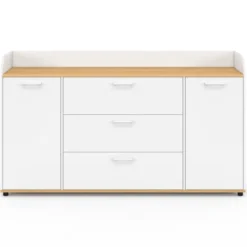 Buffet 140 cm 4 portes avec rebord blanc et plateau bois façon hêtre