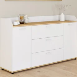 Buffet 140 cm 4 portes avec rebord blanc et plateau bois façon hêtre
