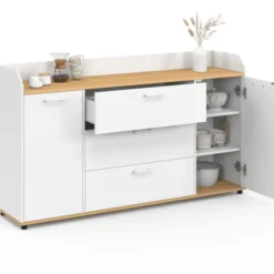 Buffet 140 cm 4 portes avec rebord blanc et plateau bois façon hêtre