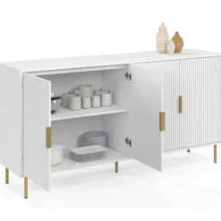 Buffet 160 cm 4 portes blanc effet lattes et finitions dorées