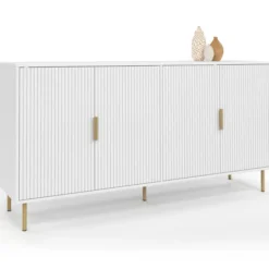 Buffet 160 cm 4 portes blanc effet lattes et finitions dorées