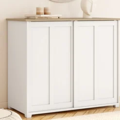 Buffet 100 cm 2 portes coulissantes blanc plateau façon bois