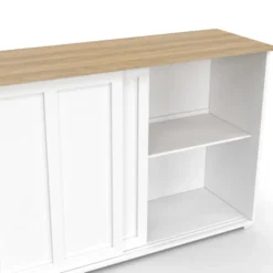 Buffet 160 cm 3 portes coulissantes blanc et plateau bois