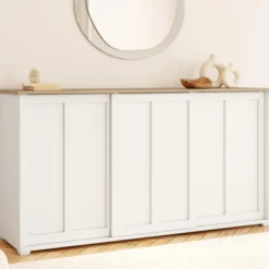 Buffet 160 cm 3 portes coulissantes blanc et plateau bois