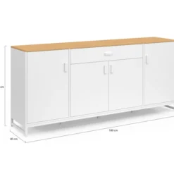 Buffet 180 cm 4 portes et 1 tiroir bois et blanc