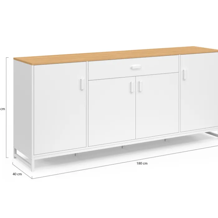 Buffet 180 cm 4 portes et 1 tiroir bois et blanc