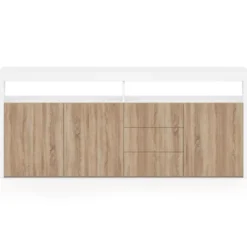 Buffet 180 cm 3 portes et 3 tiroirs avec et niches blanc et bois façon hêtre