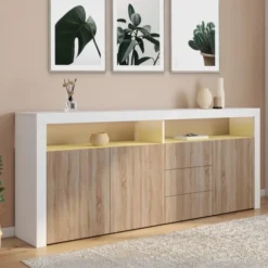 Buffet 180 cm 3 portes et 3 tiroirs avec et niches blanc et bois façon hêtre