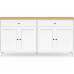 Buffet 160cm 4 portes et 2 tiroirs blanc et plateau bois