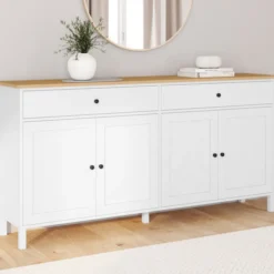 Buffet 160cm 4 portes et 2 tiroirs blanc et plateau bois