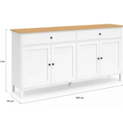 Buffet 160cm 4 portes et 2 tiroirs blanc et plateau bois