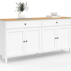 Buffet 160cm 4 portes et 2 tiroirs blanc et plateau bois