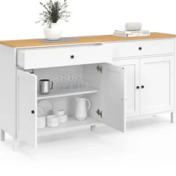 Buffet 160cm 4 portes et 2 tiroirs blanc et plateau bois