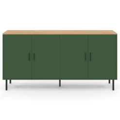 Buffet 160 cm 4 portes vert kaki et plateau bois