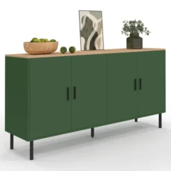 Buffet 160 cm 4 portes vert kaki et plateau bois