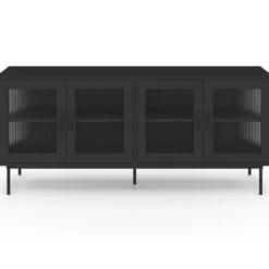 Buffet 140 cm 4 portes vitrées noir façade cannelée