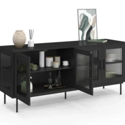 Buffet 140 cm 4 portes vitrées noir façade cannelée