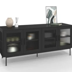Buffet 140 cm 4 portes vitrées noir façade cannelée