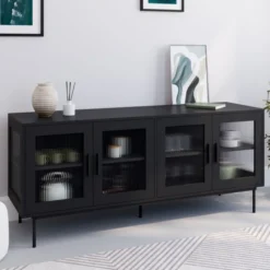 Buffet 140 cm 4 portes vitrées noir façade cannelée