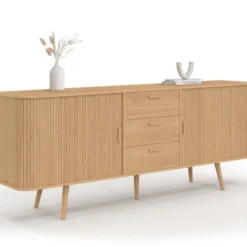 Buffet 200 cm ROMIE XXL effet lattes 2 portes coulissantes et 3 tiroirs