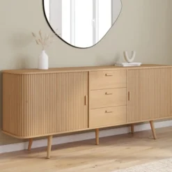 Buffet 200 cm ROMIE XXL effet lattes 2 portes coulissantes et 3 tiroirs