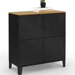 Buffet d'appoint casier 70 cm 4 portes en métal noir plateau bois design industriel