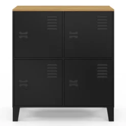Buffet d'appoint casier 70 cm 4 portes en métal noir plateau bois design industriel