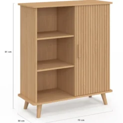 Buffet d'appoint 70 cm bois effet lattes et tasseau avec 3 étagères et placard