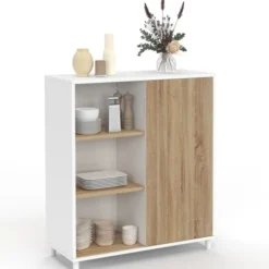 Buffet d'appoint 70 cm 3 étagères et 1 porte coulissante réversible blanc et bois montage facile