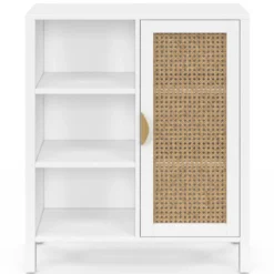 Buffet d'appoint 3 étagères et placard de 70 cm blanc avec cannage