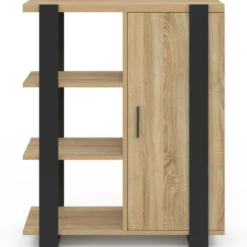 Buffet d'appoint 3 étagères et placard 70 cm bois et noir