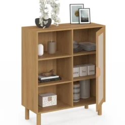Buffet d'appoint 3 étagères et placard 70 cm bois et effet lin