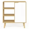 Buffet d'appoint 3 étagères et placard 70 cm blanc et bois façon hêtre