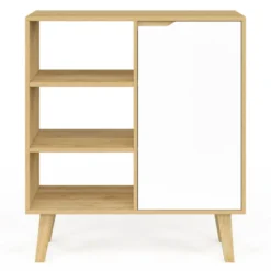 Buffet d'appoint 3 étagères et placard 70 cm blanc et bois façon hêtre