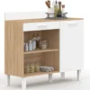 Buffet de cuisine bas 100 cm bois façon hêtre et blanc plan de travail H.83 cm