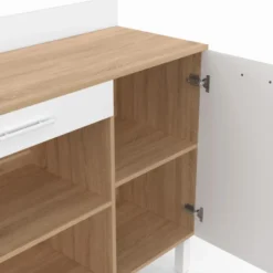 Buffet de cuisine bas 100 cm bois façon hêtre et blanc plan de travail H.83 cm
