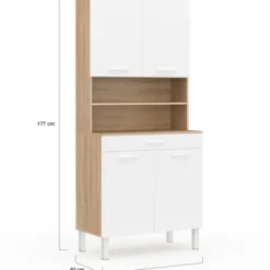 Buffet de cuisine vaisselier blanc et bois façon hêtre 80 cm