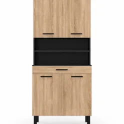 Buffet de cuisine vaisselier noir et bois façon hêtre 80 cm