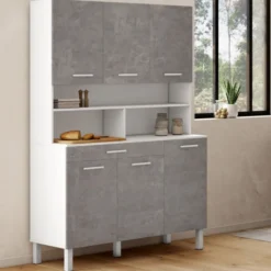 Buffet de cuisine vaisselier effet béton et blanc 120 cm