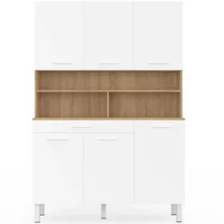 Buffet de cuisine vaisselier blanc et bois façon hêtre 120 cm