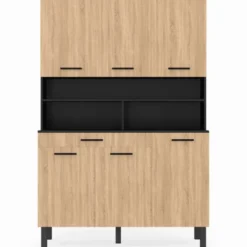 Buffet de cuisine vaisselier noir et bois façon hêtre 120 cm