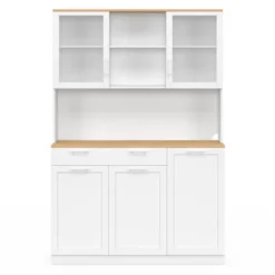 Buffet de cuisine vitré 120 cm 5 portes et 1 tiroir blanc et plateau façon hêtre