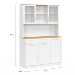 Buffet de cuisine vitré 120 cm 5 portes et 1 tiroir blanc et plateau façon hêtre
