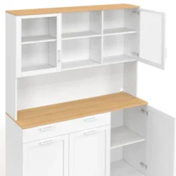 Buffet de cuisine vitré 120 cm 5 portes et 1 tiroir blanc et plateau façon hêtre