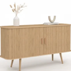 Buffet en bois 140 cm effet lattes avec 2 portes coulissantes